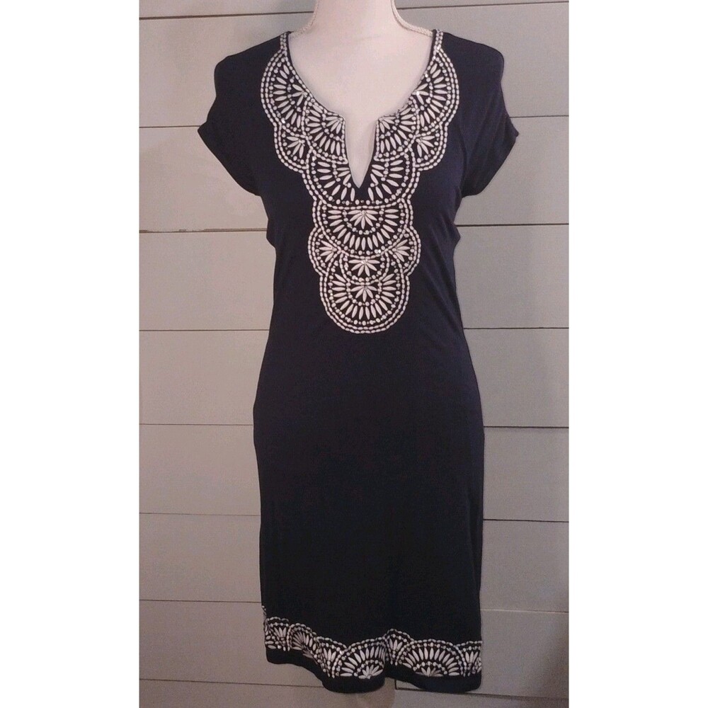 INC International Concepts Navy w/wh embroidery/rhinestones  Knit Shift Dress M